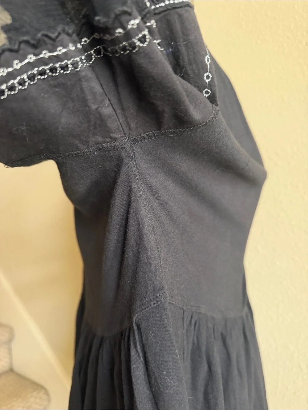 Free People Sz L Black Penny Peplum Long-Sleeve Top with Embroidered Sleeves